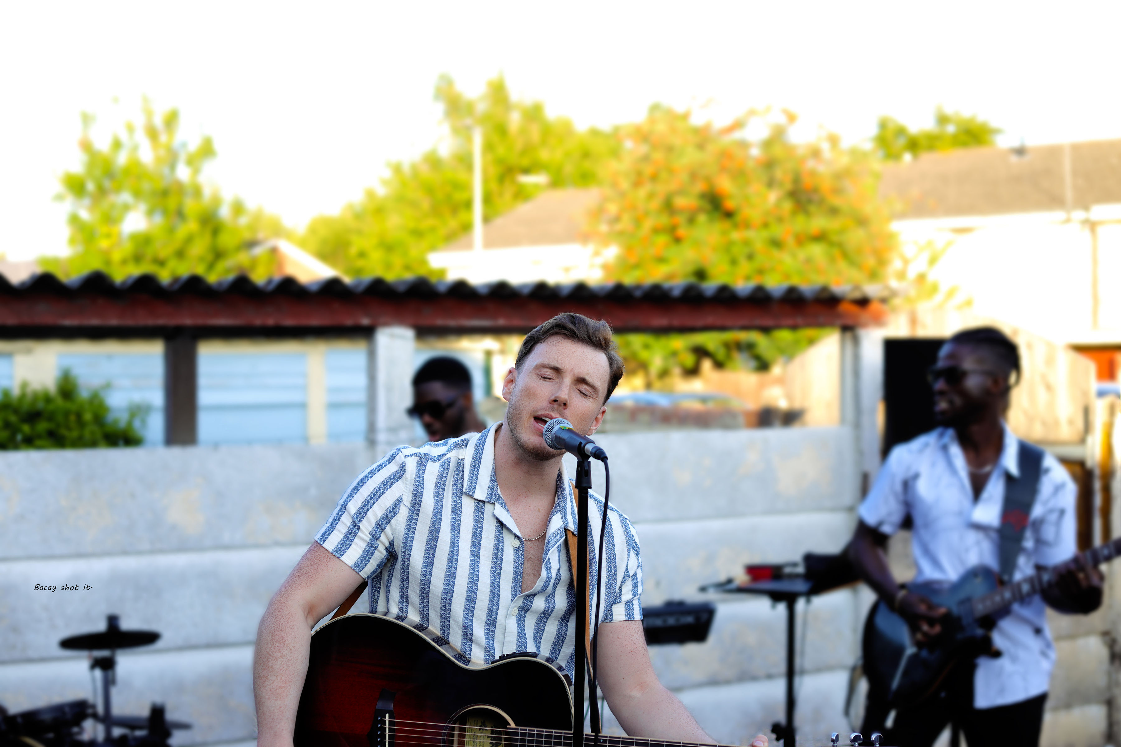 Full band setup with instruments and equipment